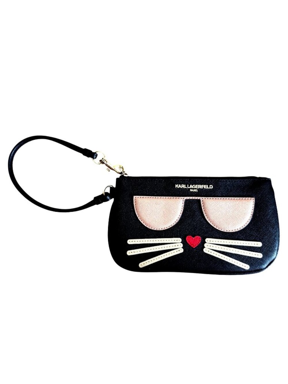 Karl Lagerfeld Cat Face Wristlet Purse Black Gold Hardware Zip Removable Strap